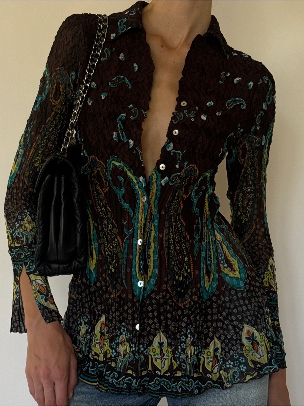 Vintage Alberto Makali Crinkle Paisley Button Front Blouse Brown Teal Green Sz L